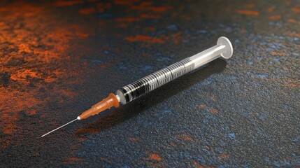 A single sterile medical syringe with a sharp gleaming needle tip rests on a dark textured surface