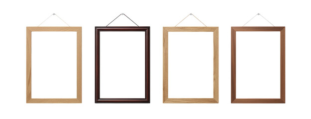 Wooden hanging frames set isolated on white background. Minimal wooden photo frames with rope for posters, wall decor, gallery display, mockups, branding, interior design and presentation layouts.