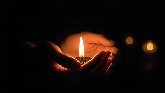 Protecting bright candle light held in caring cupped hands symbolizing hope serenity faith and remembrance against absolute dark