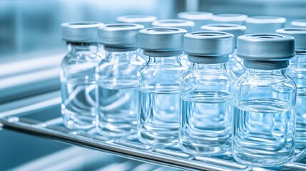Clear cryogenic vials stacked on a shelf in a laboratory