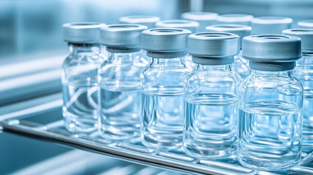 Clear cryogenic vials stacked on a shelf in a laboratory