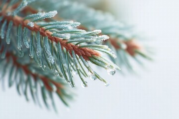Close-up of frosted pine needles with dew drops, clean white background, subtle shadows, hyper-realistic textures
