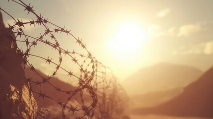 Barbed wire fence in a dusty arid landscape during sunset
