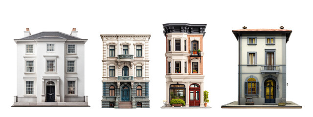 European building facades set isolated on white background. Classic residential houses, urban architecture facades, city buildings collection for design, real estate, travel, illustration and architec