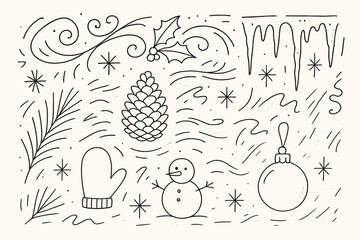 Winter holiday decorations featuring snowflakes, pine cones, mittens, and a snowman in a joyful design