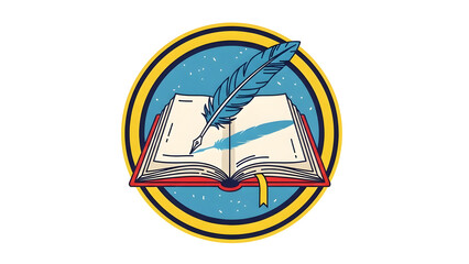 Circular academic emblem displaying opened book and feather quill pen, classic literary symbol of knowledge and writing, refined scholarly badge design with timeless educational theme