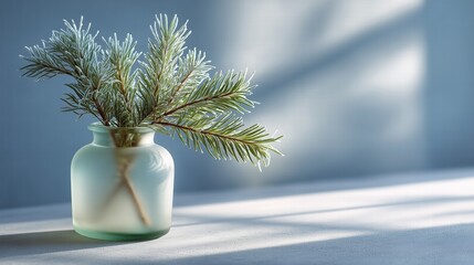 Frosted glass vase with evergreen stems, light diffusion, pristine minimalism, near-monochrome