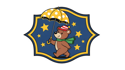 Cute cartoon bear character strolling with umbrella inside ornate decorative frame, dreamy star accent design, playful animal artwork for child illustration, whimsical storybook