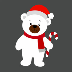 Cute cartoon vector illustration of an adorable polar bear wearing a Santa hat and red scarf. The bear is holding a red and white striped Christmas candy cane.