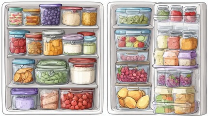 Interior view of a brightly lit refrigerator organized with numerous clear storage containers filled with assorted food items
