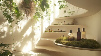 Circular bamboo display shelves showcasing beauty products with greenery