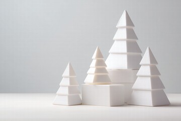 Minimalist white Christmas trees made of stacked blocks, geometric design, studio lighting, clean backdrop