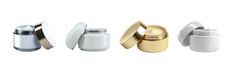 Cosmetic cream jars isolated on white background. Cream jars, skincare packaging and cosmetic containers for beauty branding, product mockup, spa, dermatology and luxury cosmetic design