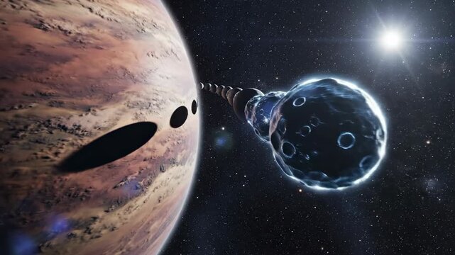 Dramatic scene where a massive, textured planet casts dynamic shadows onto its rapidly orbiting smaller moons positioned in a long, illuminated chain future, technology, conceptual