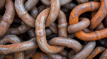 Close up of a pile of thick rusted metal chains showing intricate links and weathered textures