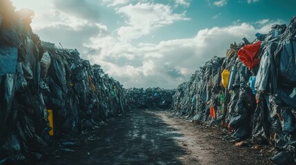 Bundles of salvaged scrap metal awaiting repurposing under cloudy skies