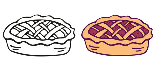 Hand drawn colorful homemade pie doodle and outline sketch vector icon set. Sweet dessert pastry bakery food illustration design element.