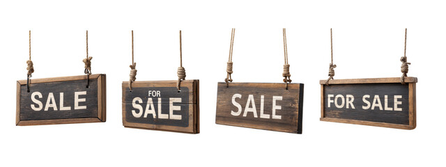 Wooden sale signs hanging on strings isolated on white background. Sale and for sale labels for retail promotions, discounts, marketing banners, shop design and e-commerce visuals.