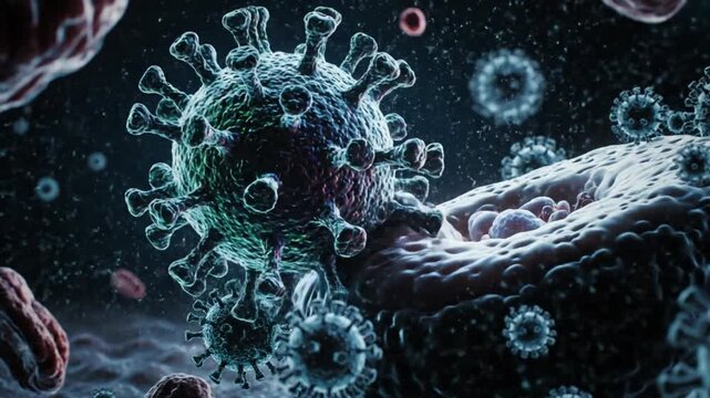 Microscopic view of a virus particle, invading cells, showing the structure and spread of infection, causing illness