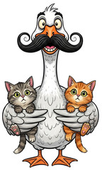 Obraz premium Cute cartoon duck with mustache holding two little kittens in its wings on transparent background. Funny animal illustration.