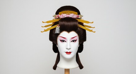 無垢な白背景に力強く映える日本の伝統芸能歌舞伎の精緻な鬘と独特の白塗り赤化粧鮮やかな豪華な髪飾りが目を引く舞台演劇用マネキン頭部. AI Generated