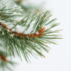 Snowy pine branch close-up with pine needles, macro clarity, pure white background, subtle depth