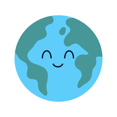 cartoon illustration of planet earth with smiling face isolated on white, flat style