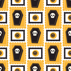 cute cartoon halloween seamless pattern with coffin and eyeball, print postage stamps, wallpaper, background in flat style
