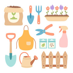 set of gardening items in cartoon style, various garden tools for spring work, growing plants, flowers and herbs, seedling, flat vector illustration