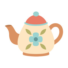 teapot in cartoon style, flat vector illustration isolated on white background, cozy home theme