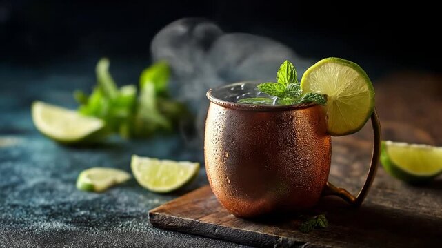 A refreshing cocktail served in a copper mug, garnished with mint leaves and lime, surrounded by sliced limes and fresh mint, evoking a vibrant and inviting atmosphere