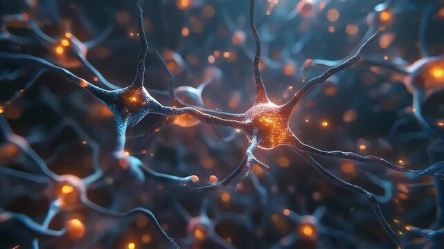 icroscopic camera dive through tangled neuron networks, glowing dendritic spines