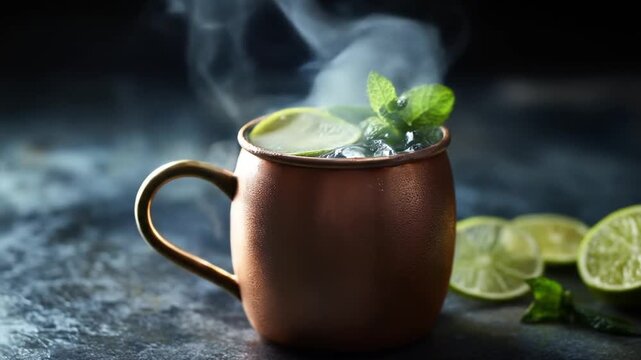 A refreshing cocktail served in a copper mug, filled with ice, garnished with fresh mint leaves and lime slices, surrounded by additional lime slices on a dark, textured background