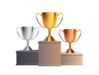 Winners podium with gold silver and bronze trophies