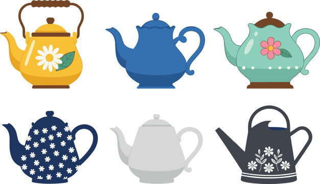 Colorful decorative teapot and watering can vector set featuring floral patterns, vintage kitchenware designs, and charming retro style elements for creative projects.