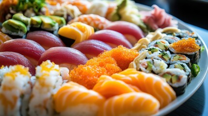 Close up of varied delicious sushi dishes in a colorful arrangement