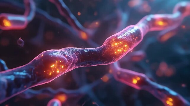 Glowing neurotransmitter vesicles traveling along axon highway, smooth transport motion