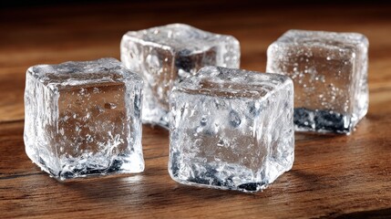 Obraz premium Four clear, rough-edged blocks of frozen water rest upon a warm wooden surface.