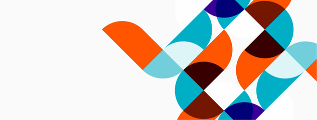 Abstract geometric shapes overlap, creating vibrant color blocks. Design features orange, teal, brown, purple hues on white background.