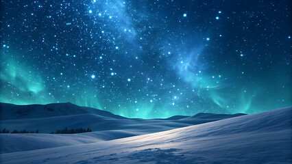 Stunning night sky over snowy mountains with vibrant aurora borealis and countless stars illuminating the winter landscape