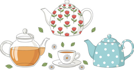Cute floral teapots and daisy teacup illustration set featuring polka dots, glass teapot, leaves, and cozy tea elements for crafting, decor, and digital design projects