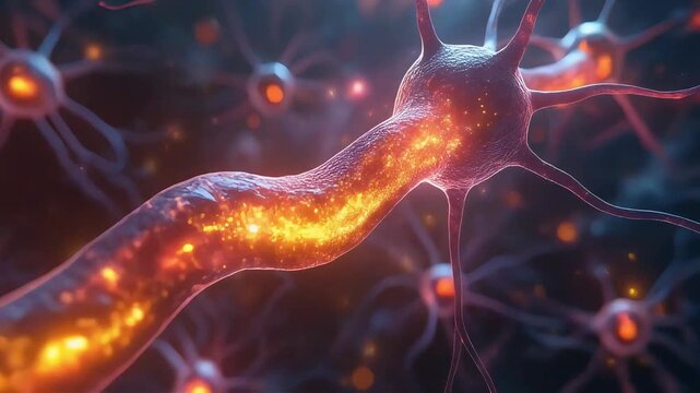 Electrical impulse traveling along a neuron axon, glowing pulse moving smoothly