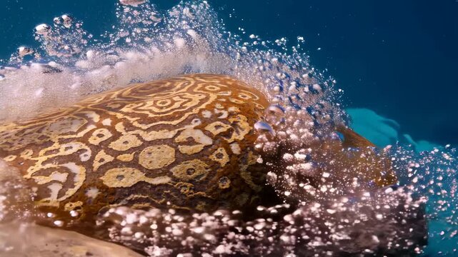 Close-up view of a sea turtle gracefully gliding underwater amidst a burst of bubbles, showcasing its intricate shell patterns. the dynamic scene highlights the beauty and movement of marine life in a