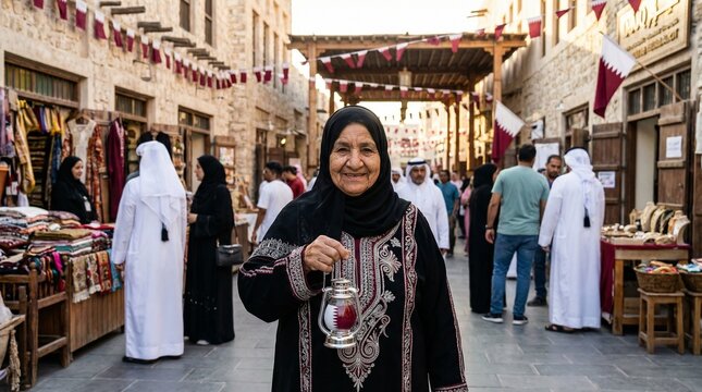 Qatari Woman in Souq Waqif on National Day with Lantern