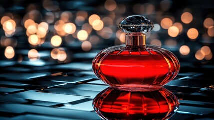 Elegant perfume bottle with rich ruby liquid reflecting lights