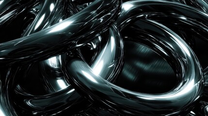 Gleaming stainless steel interlocking rings with intricate patterns and reflective surfaces creating a modern abstract design