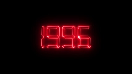 Neon red digital LED numbers display showing 1996 on black background, glowing electronic number animation, retro futuristic time and year concept, scoreboard and countdown style