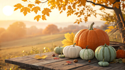 Autumn harvest display of pumpkins and gourds on a rustic wooden table with golden sunlight and fall foliage background