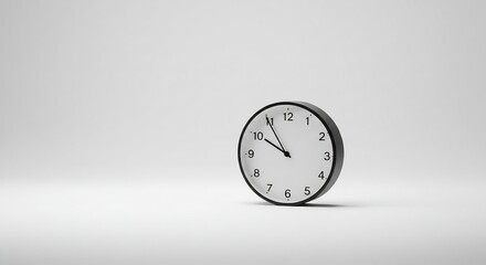 静謐な純白の背景に優しく配置された黒い縁取りの白い壁掛け時計が時を刻む 均一で柔らかな光が奥行きを与えシンプルながら洗練された時間の流れを静かに描写. AI Generated