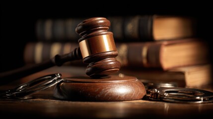 Justice awaits, with gavel, books, and handcuffs on a dark wooden table.